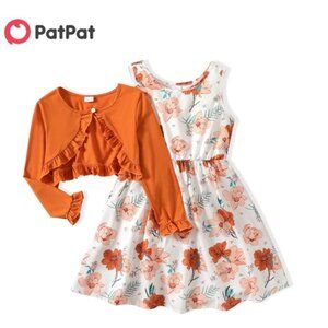 PatPat 2pcs Kid Girl Dress and Cardigan Floral Print Sleeveless Dress Size 9-10Y